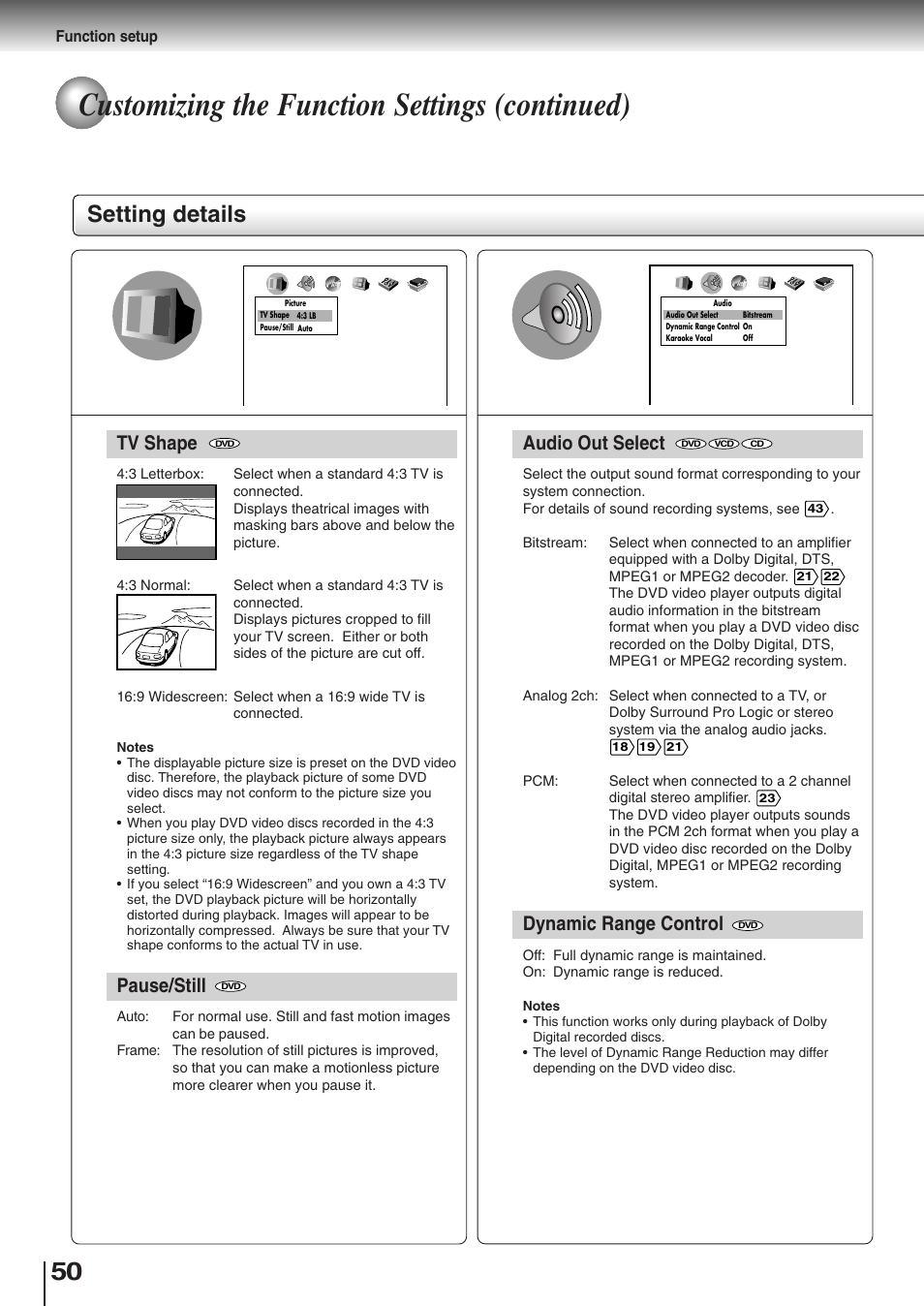 Customizing the function settings (continued), Setting details, Tv shape | Pause/still, Audio out select, Dynamic range control | Toshiba SD-K510 User Manual | Page 47 / 59
