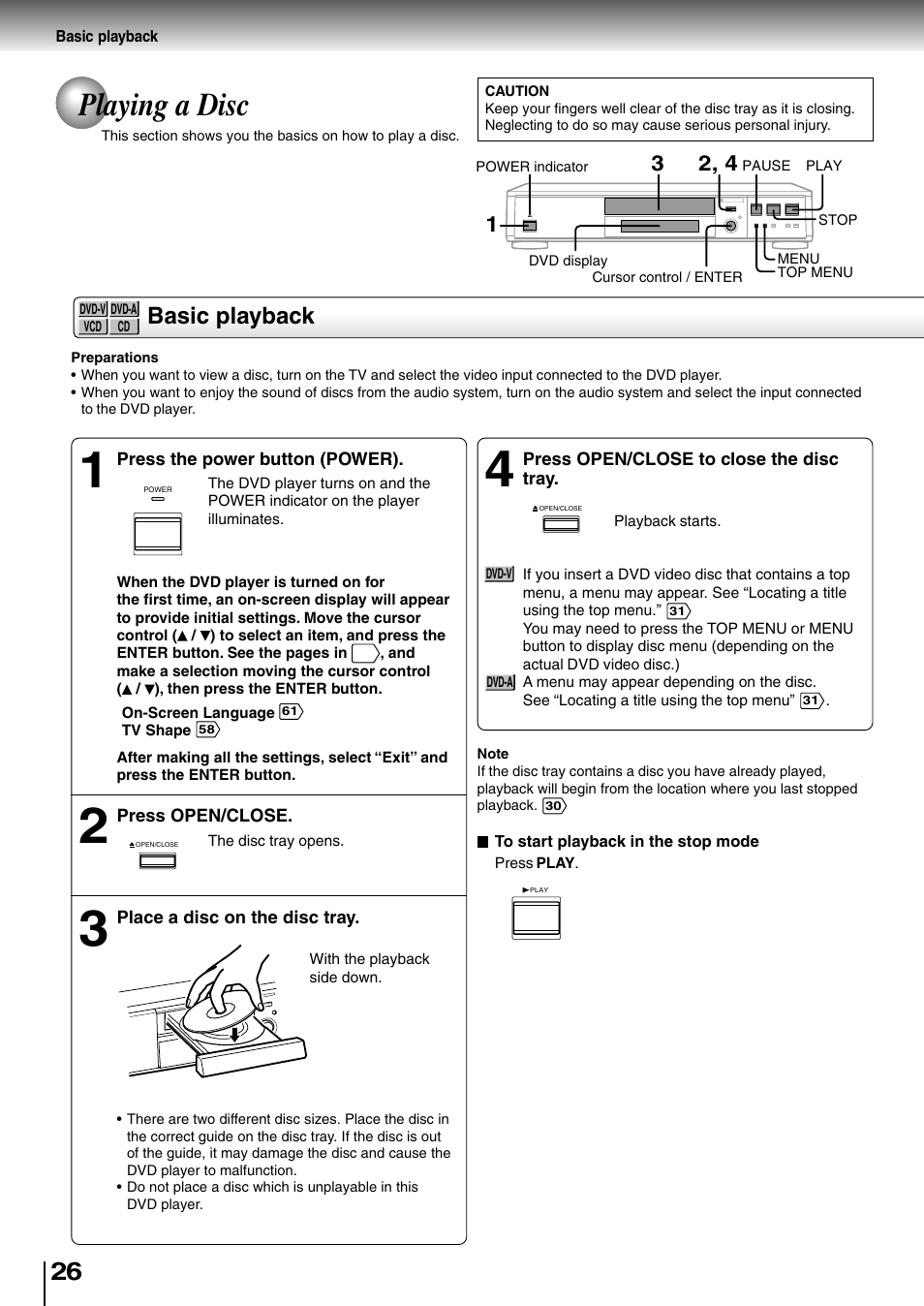 Playing a disc, Basic playback | Toshiba SD-4700 User Manual | Page 24 / 68