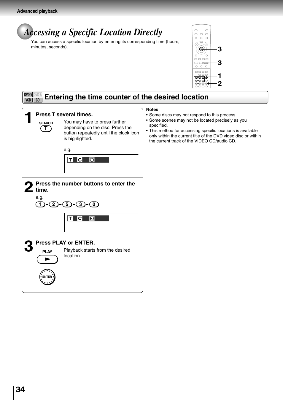 Accesing a specific location directly, Accessing a specific location directly, Entering the time counter of the desired location | Toshiba SD-4700 User Manual | Page 32 / 68