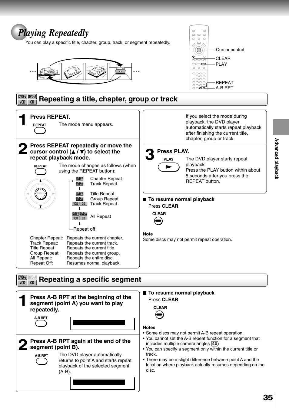 Playing repeatedly, Repeating a specific segment, Repeating a title, chapter, group or track | Toshiba SD-4700 User Manual | Page 33 / 68