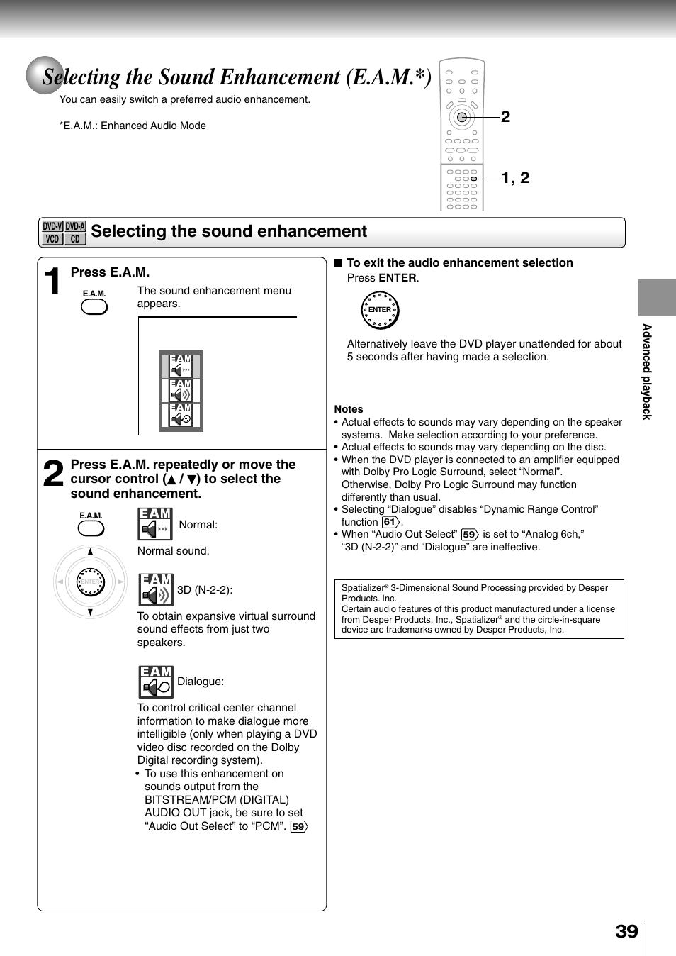 Selecting the sound enhancement, Selecting the sound enhancement (e.a.m.*) | Toshiba SD-4700 User Manual | Page 37 / 68