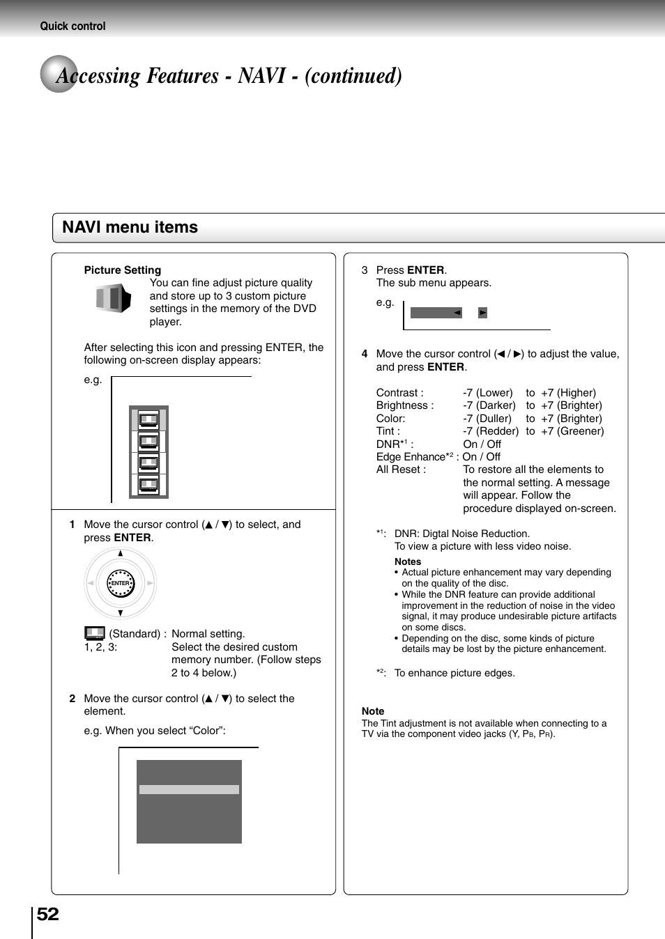 Accessing features - navi - (continued), Navi menu items | Toshiba SD-4700 User Manual | Page 49 / 68