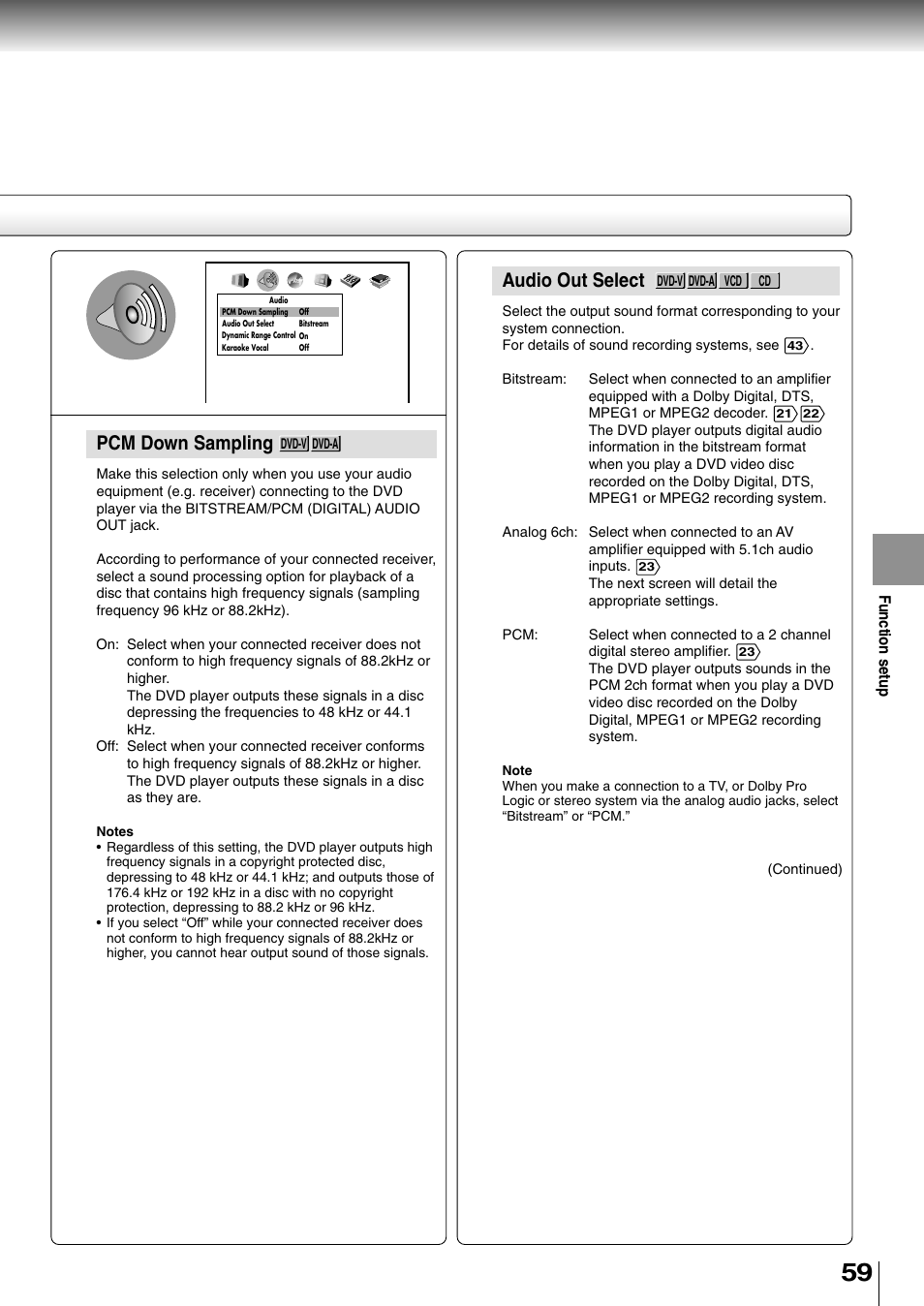 Audio out select, Pcm down sampling | Toshiba SD-4700 User Manual | Page 55 / 68