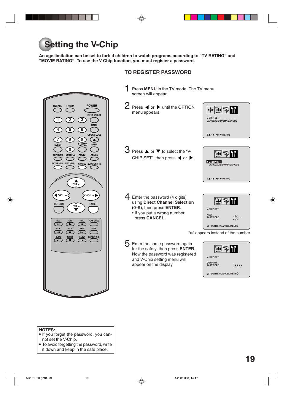 Setting the v-chip | Toshiba MD14FN1 User Manual | Page 19 / 47