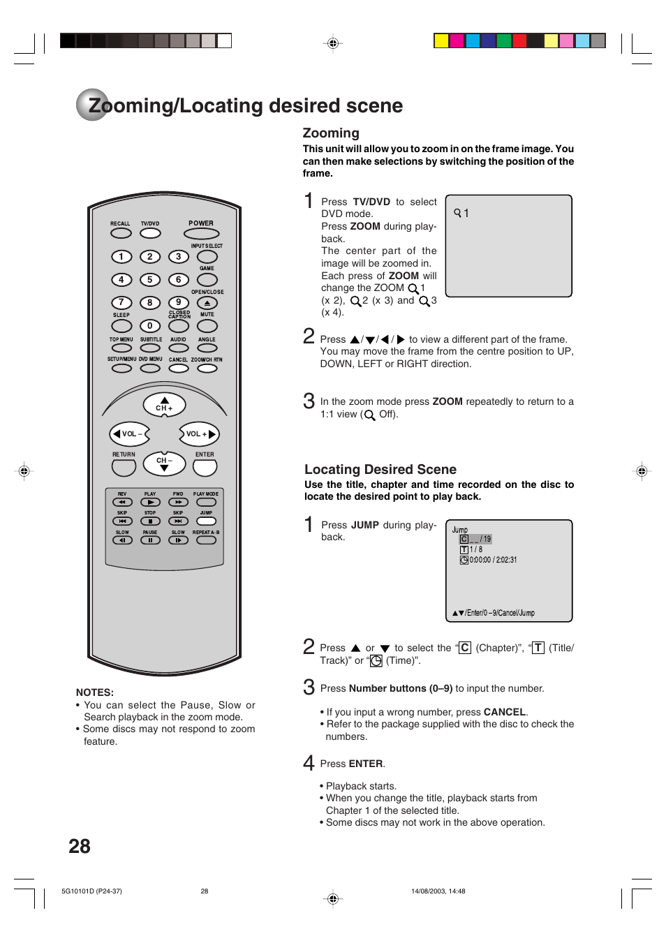 Advanced functions, Zooming/locating desired scene, Zooming | Locating desired scene | Toshiba MD14FN1 User Manual | Page 28 / 47