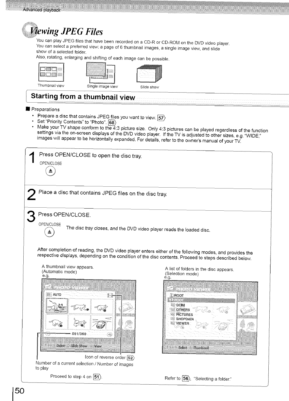 Viewing jpeg files, Starting from a thumbnail view | Toshiba SD-3960SU User Manual | Page 47 / 73