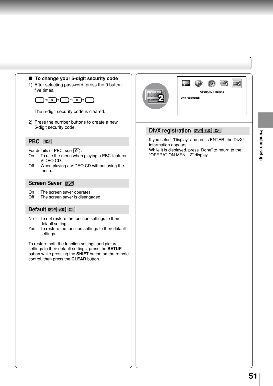 Divx registration, Screen saver, Default | Toshiba SD-P1880SE User Manual | Page 51 / 72