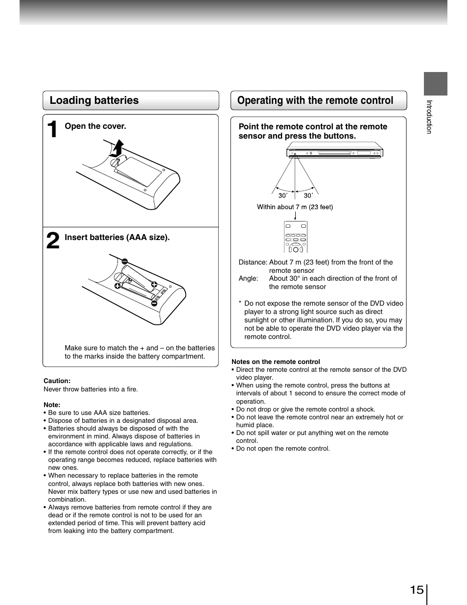 Operating with the remote control, Loading batteries | Toshiba SD-4980SU User Manual | Page 15 / 73