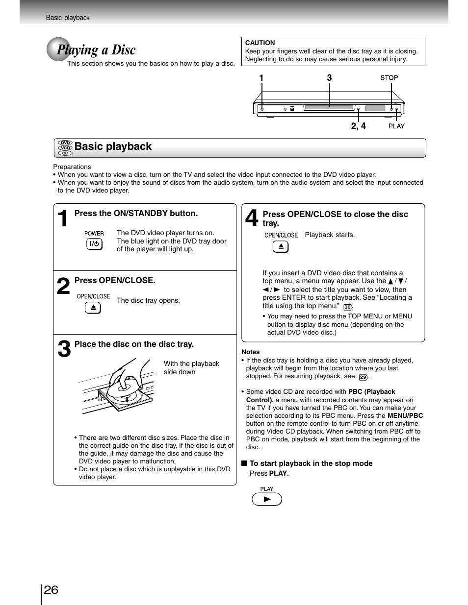 Playing a disc, Basic playback | Toshiba SD-4980SU User Manual | Page 26 / 73