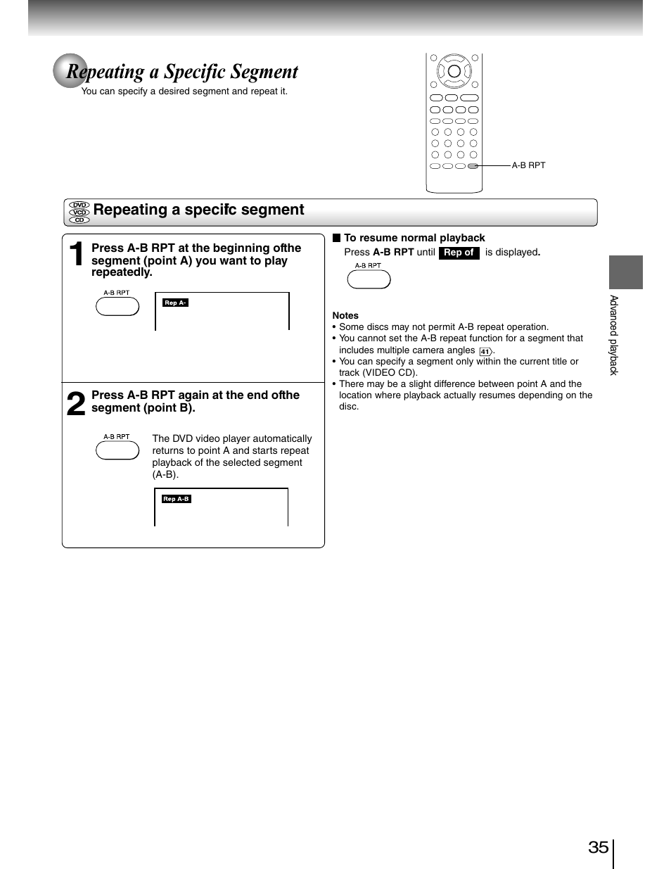 Repeat play, Repeating a specific segment | Toshiba SD-4980SU User Manual | Page 35 / 73