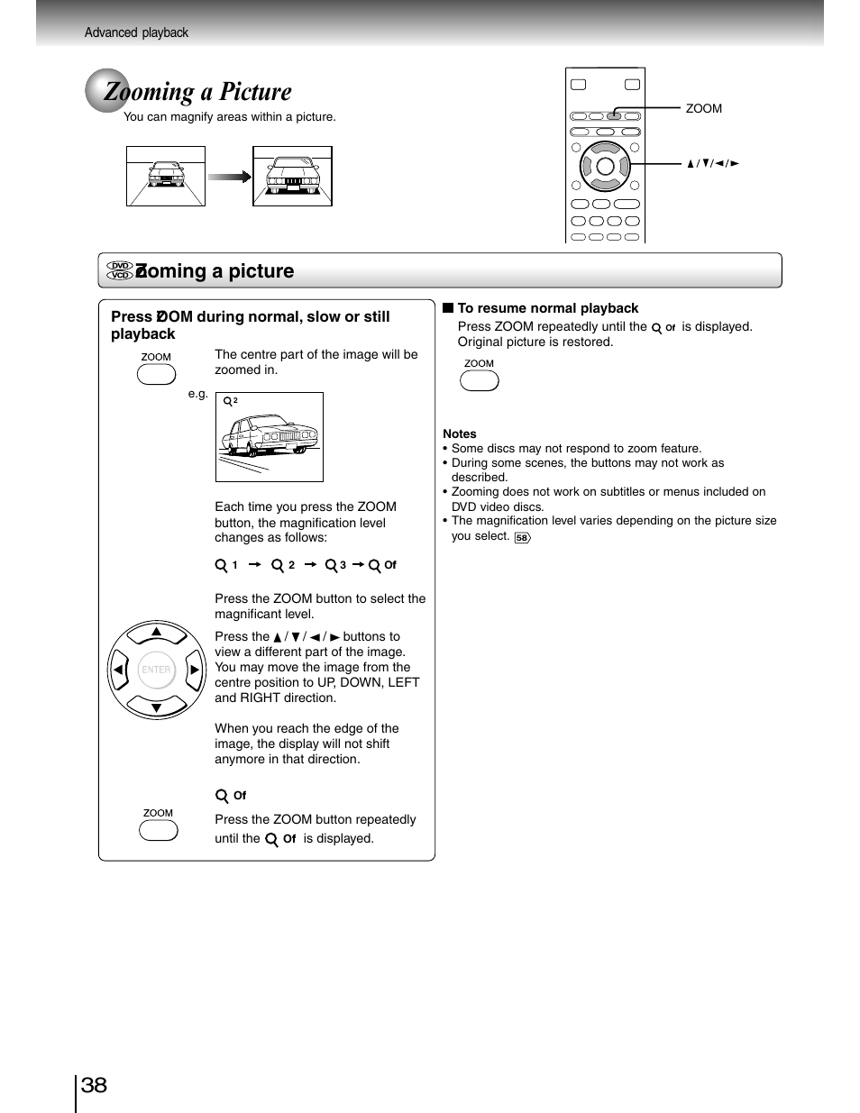 Zoom, Zooming a picture | Toshiba SD-4980SU User Manual | Page 38 / 73