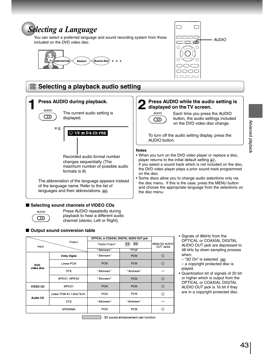 Selecting a soundtrack language, Selecting a language, Selecting a playback audio setting | Toshiba SD-4980SU User Manual | Page 43 / 73