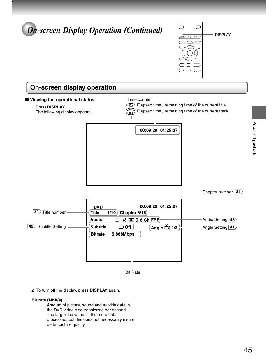 On-screen display operation (continued), On-screen display operation | Toshiba SD-4980SU User Manual | Page 45 / 73