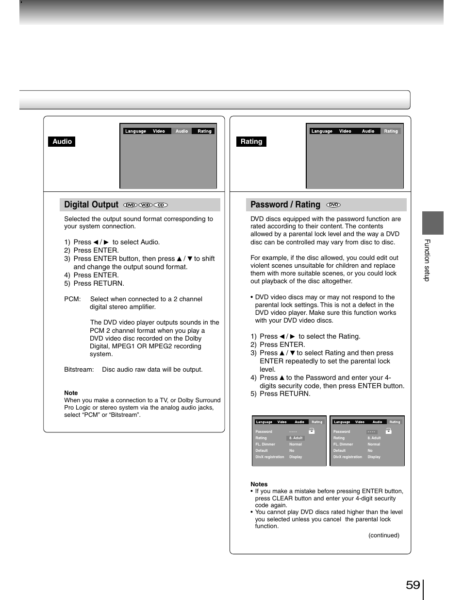 Digital output, Password / rating, Function setup | Toshiba SD-4980SU User Manual | Page 59 / 73