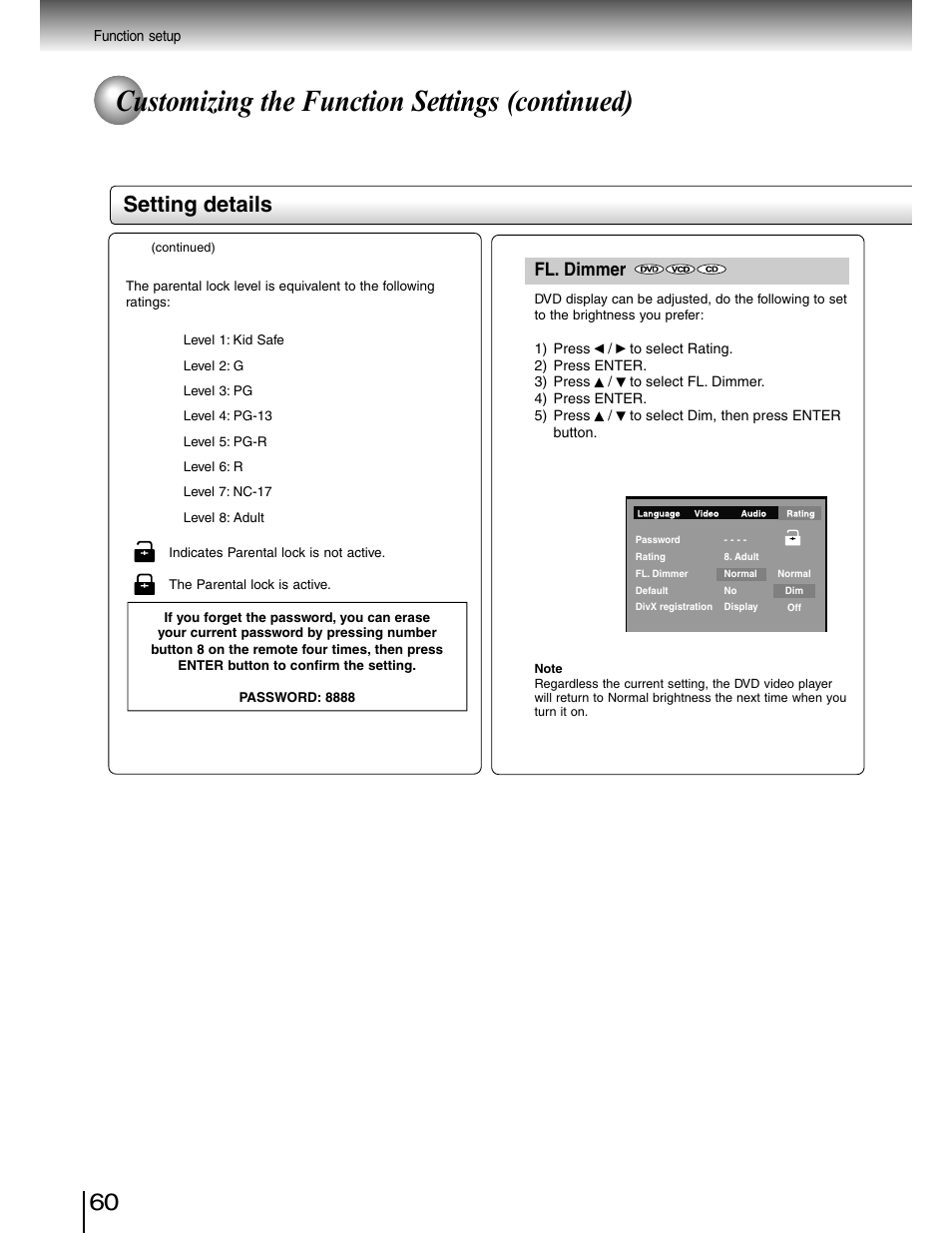 Customizing the function settings (continued), Setting details, Fl. dimmer | Toshiba SD-4980SU User Manual | Page 60 / 73