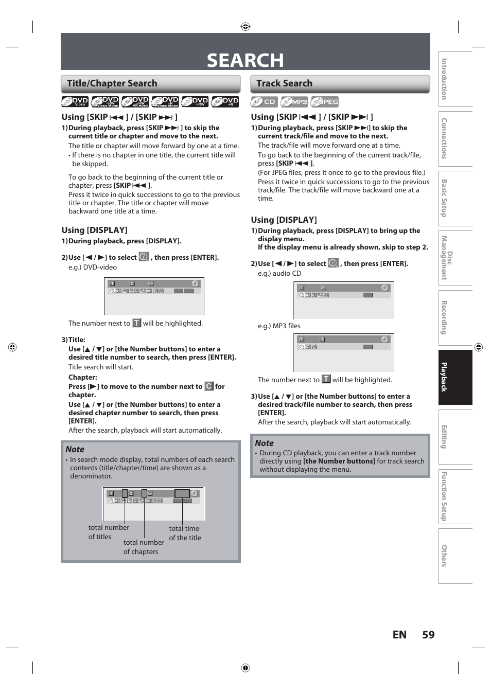 Search, 59 en 59 en, Title/chapter search | Track search | Toshiba DR420KU User Manual | Page 59 / 103