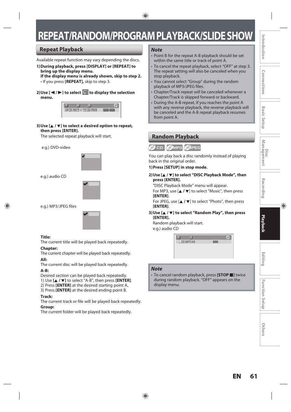 Repeat/random/program playback/slide show, 61 en 61 en, Repeat playback random playback | Toshiba DR420KU User Manual | Page 61 / 103