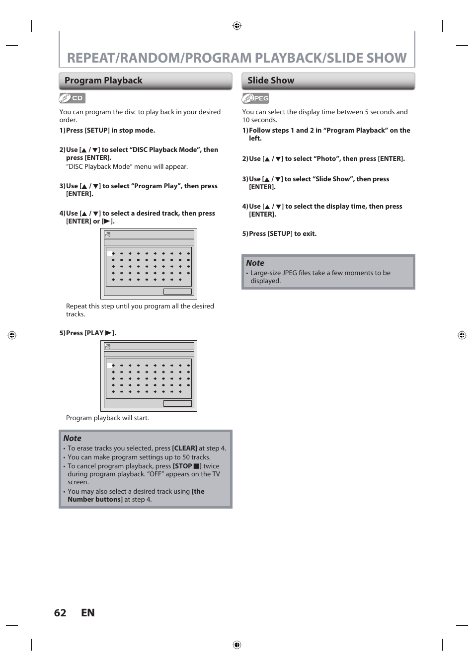 Repeat/random/program playback/slide show, 62 en 62 en, Program playback | Slide show, Program playback will start | Toshiba DR420KU User Manual | Page 62 / 103