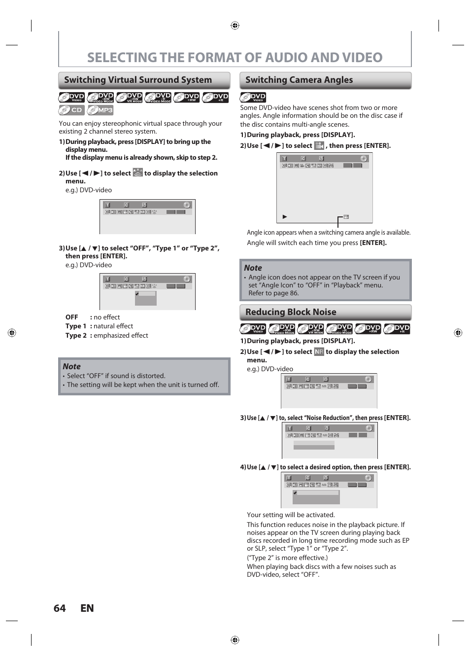 Selecting the format of audio and video, 64 en 64 en, Switching virtual surround system | Switching camera angles reducing block noise | Toshiba DR420KU User Manual | Page 64 / 103