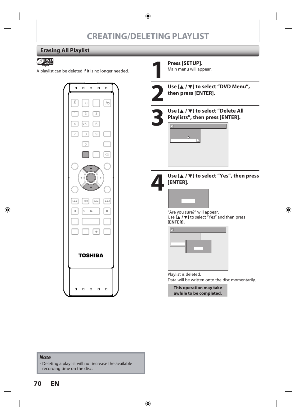 Creating/deleting playlist, 70 en 70 en, Erasing all playlist | Press [setup, Use [ k / l ] to select “yes”, then press [enter | Toshiba DR420KU User Manual | Page 70 / 103