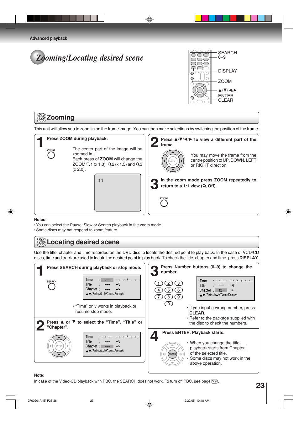 Zooming/locating desired scene, Zooming, Locating desired scene | Toshiba SD-5980SU User Manual | Page 23 / 48