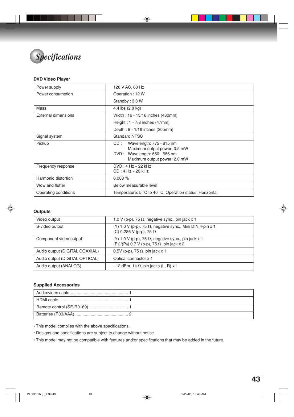 Specifications | Toshiba SD-5980SU User Manual | Page 43 / 48