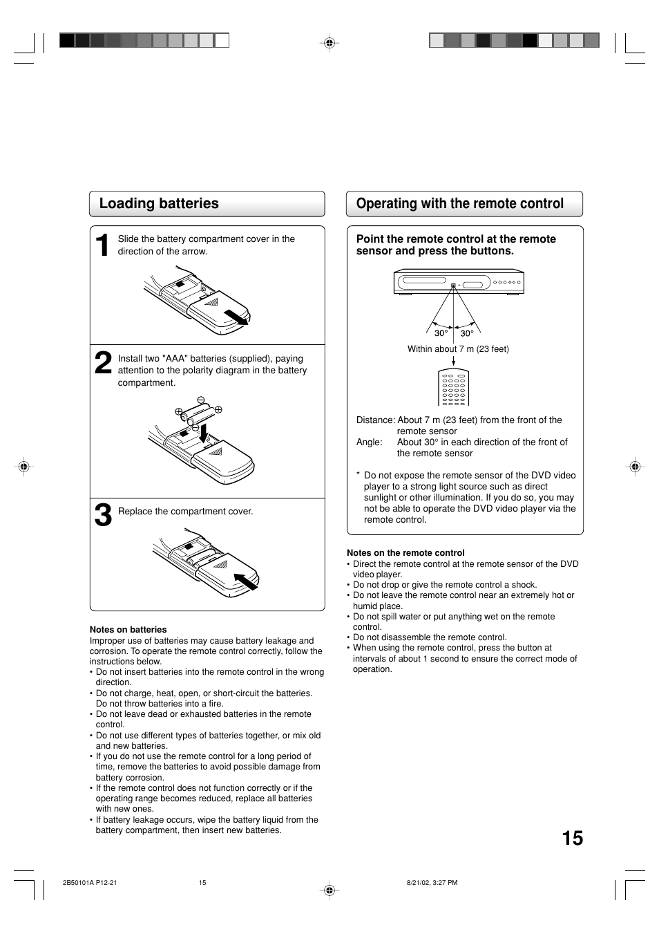 Operating with the remote control, Loading batteries | Toshiba SD-1810 User Manual | Page 15 / 44