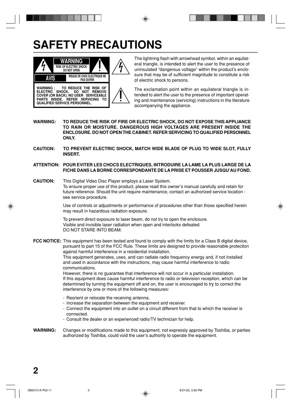 Safety precautions, Avis, Warning | Toshiba SD-1810 User Manual | Page 2 / 44