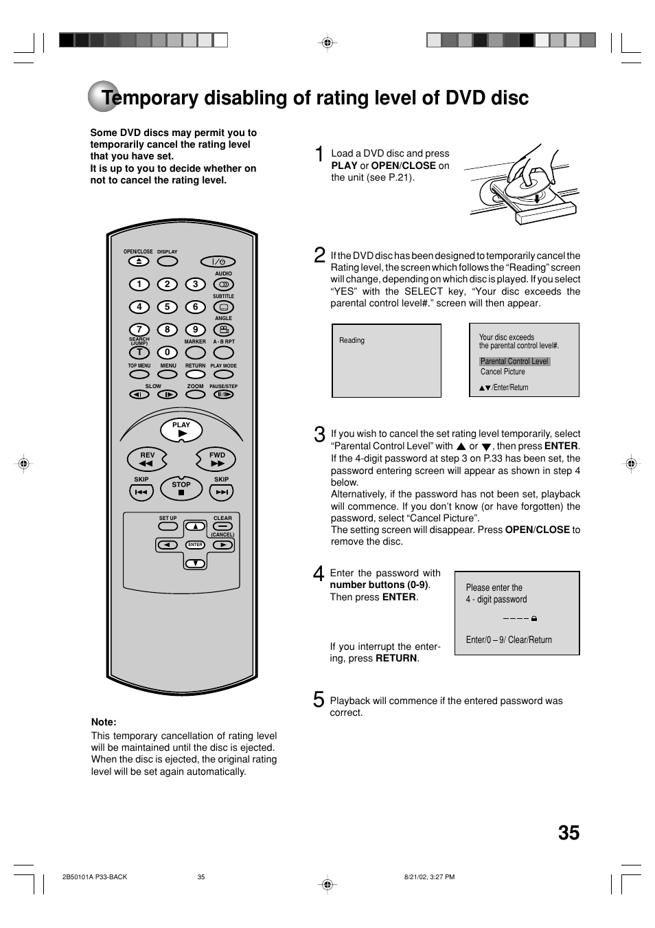 Temporary disabling of rating level of dvd disc | Toshiba SD-1810 User Manual | Page 35 / 44