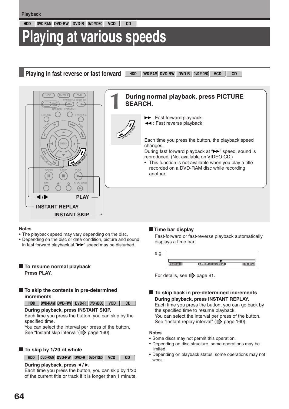 Playing at various speeds, Playing in fast reverse or fast forward, During normal playback, press picture search | Toshiba RD-XS32SU User Manual | Page 64 / 179