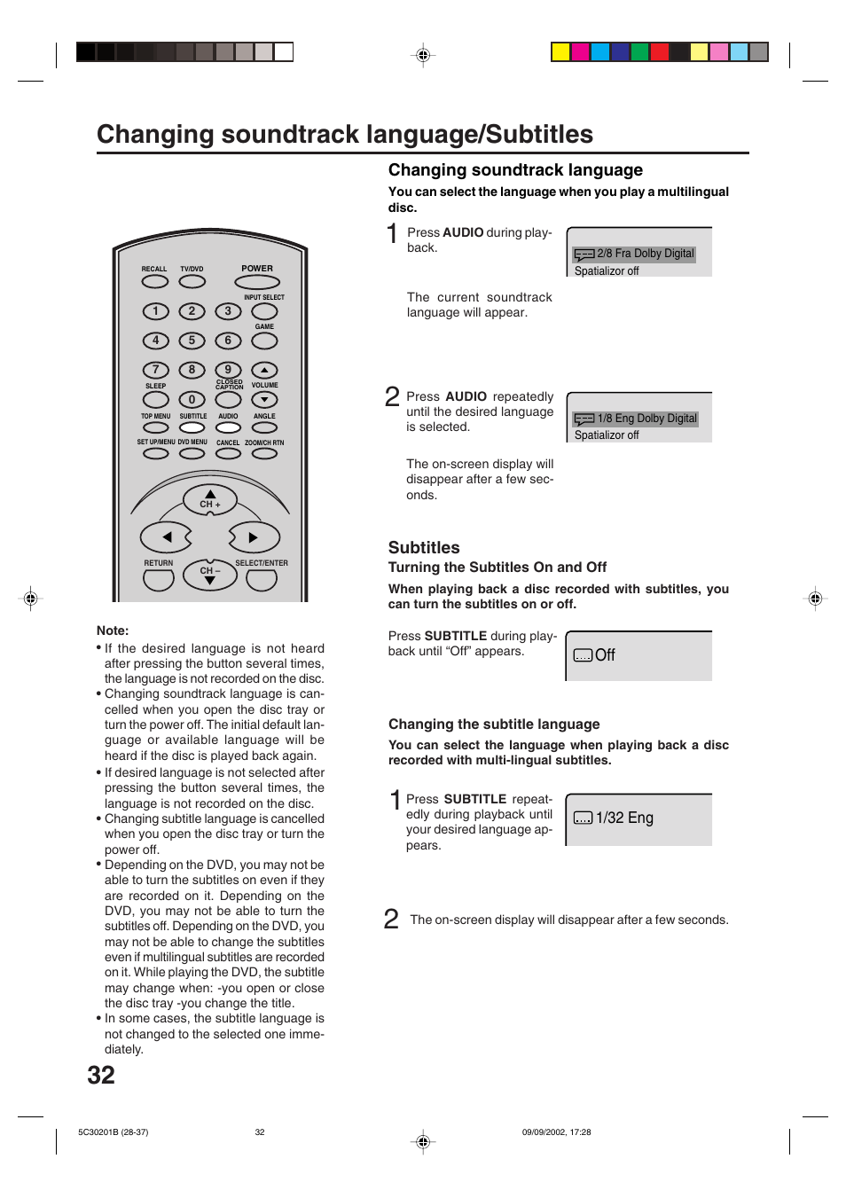 Changing soundtrack language/subtitles, Subtitles, Changing soundtrack language | 1/32 eng | Toshiba MD13M1 User Manual | Page 32 / 52
