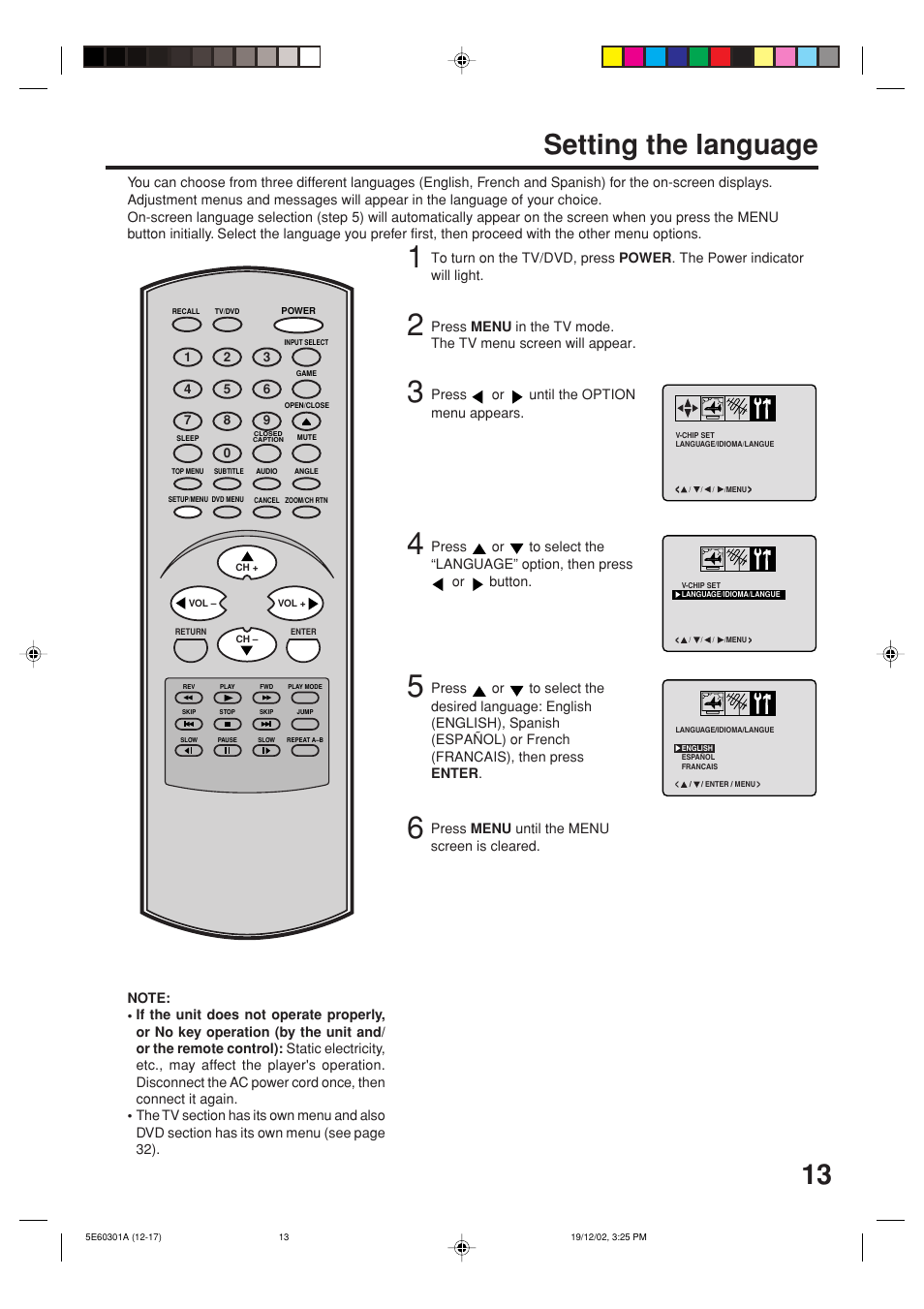 Tv operation, Setting the language | Toshiba MD13N3 User Manual | Page 13 / 47