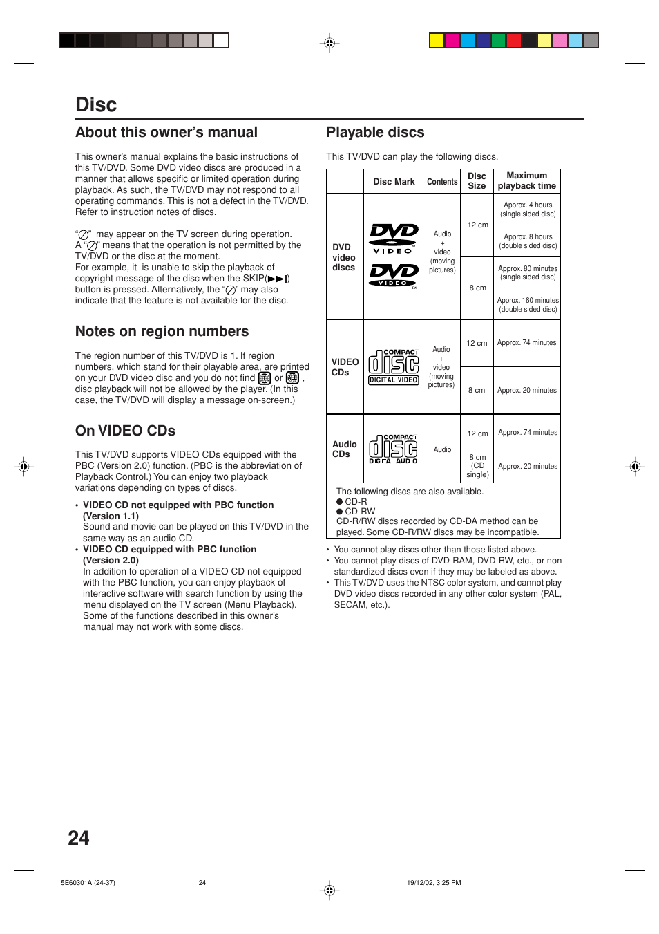 Playback operation, Disc, 24 disc | About this owner’s manual, On video cds, Playable discs | Toshiba MD13N3 User Manual | Page 24 / 47