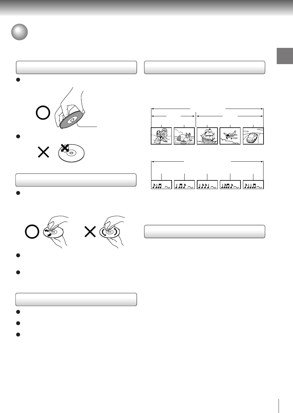 Notes on discs, On handling discs, On cleaning discs | On storing discs, Structure of disc contents | Toshiba SD-310V User Manual | Page 9 / 59