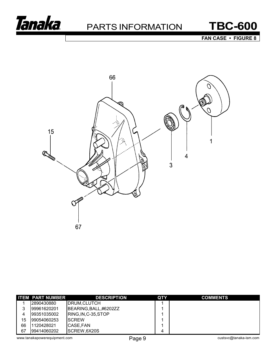 Fan case, Tbc-600, Parts information | Tanaka professional brushcutter TBC-600 User Manual | Page 10 / 16