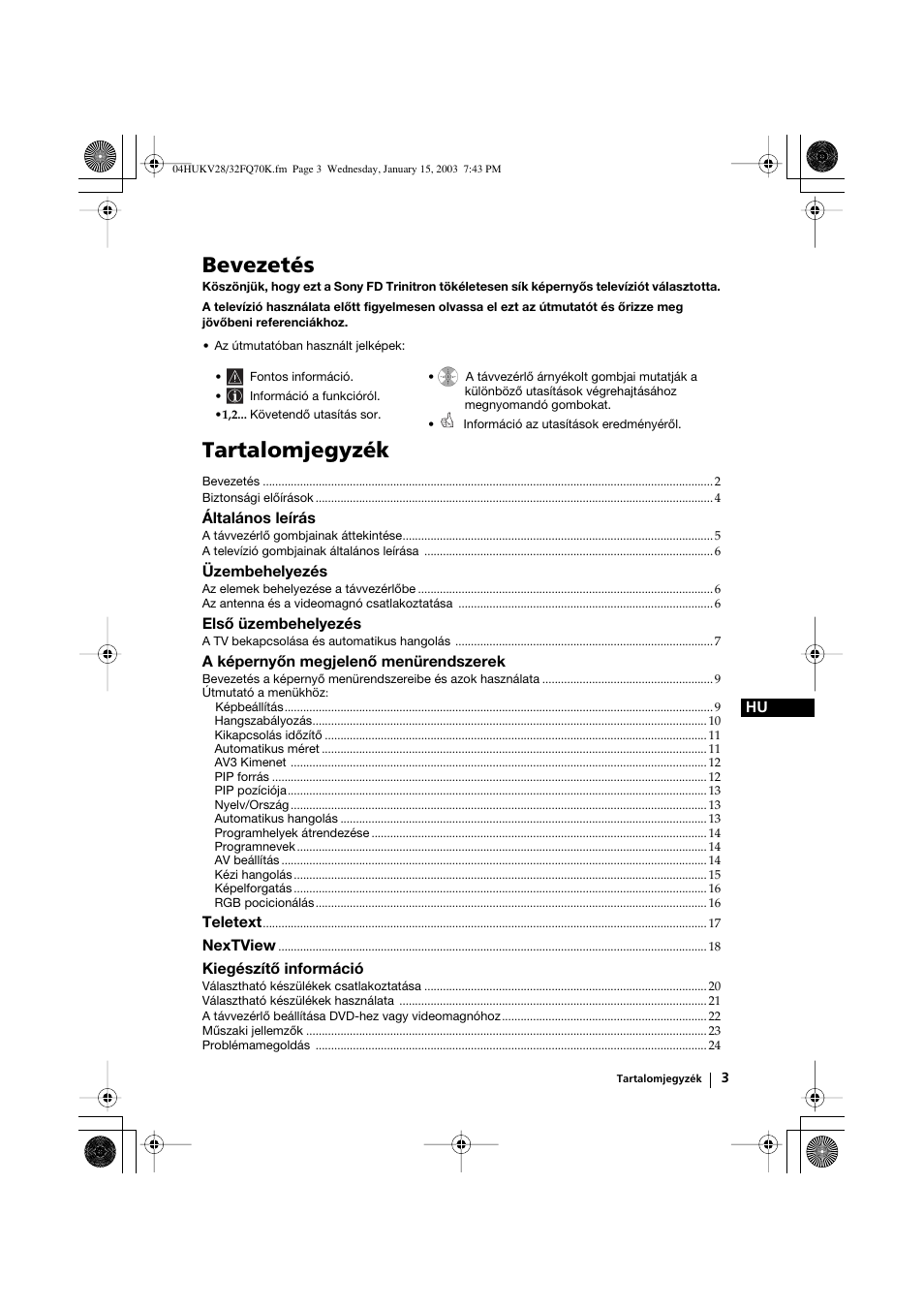 Bevezetés, Tartalomjegyzék | Sony KV-32FQ70K User Manual | Page 75 / 146
