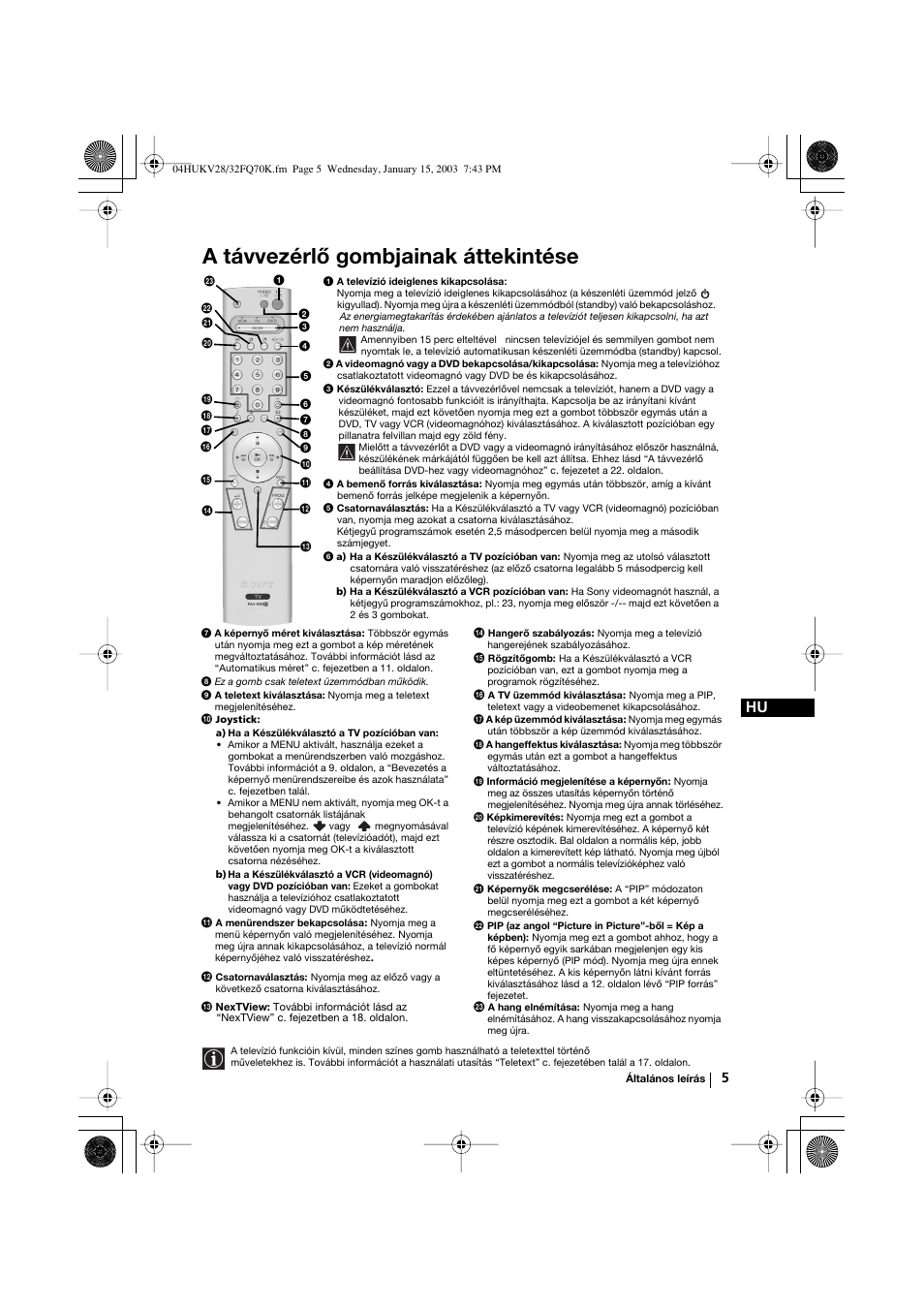 A távvezérlő gombjainak áttekintése | Sony KV-32FQ70K User Manual | Page 77 / 146