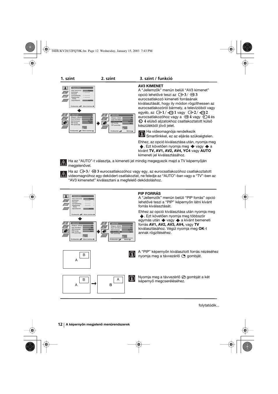 Szint 2. szint 3. szint / funkció | Sony KV-32FQ70K User Manual | Page 84 / 146