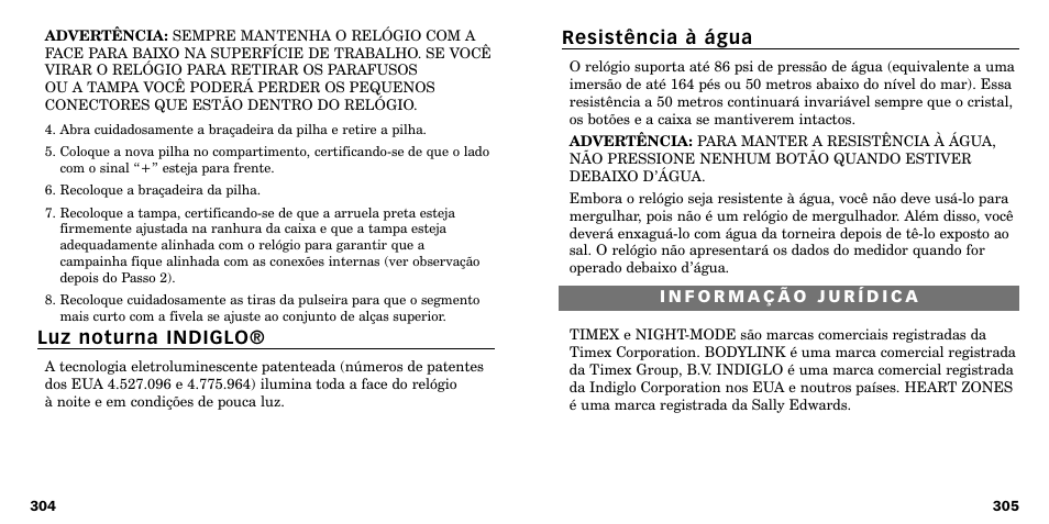 Resistência à água, Luz noturna indiglo | Timex W-219 User Manual | Page 155 / 158