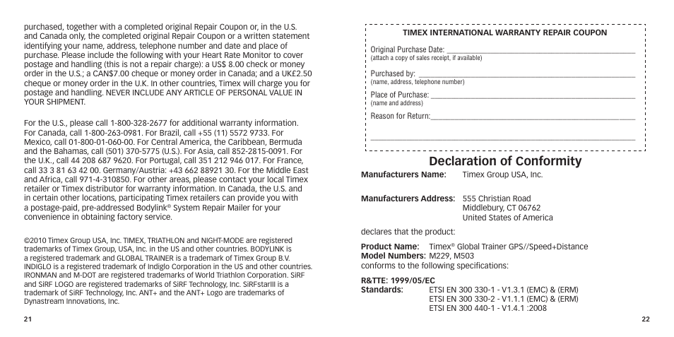 Declaration of conformity | Timex GlobalTrainer US QSG User Manual | Page 13 / 14