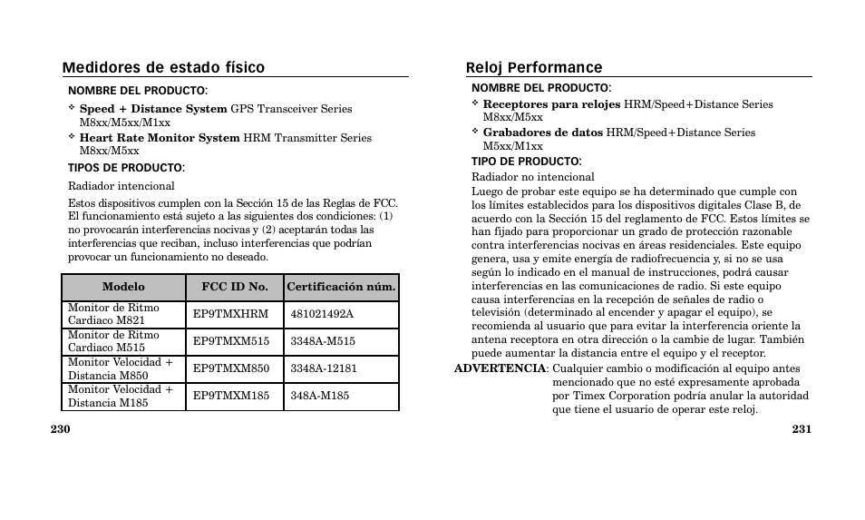 Reloj performance, Medidores de estado físico | Timex M185 User Manual | Page 117 / 207