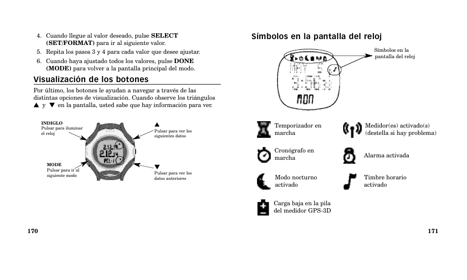 Símbolos en la pantalla del reloj, Visualización de los botones | Timex M185 User Manual | Page 87 / 207