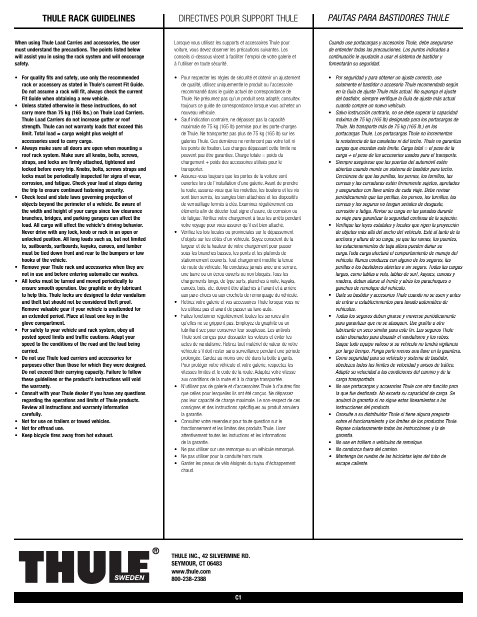 Thule rack guidelines, Directives pour support thule, Pautas para bastidores thule | Thule 575 User Manual | Page 3 / 4