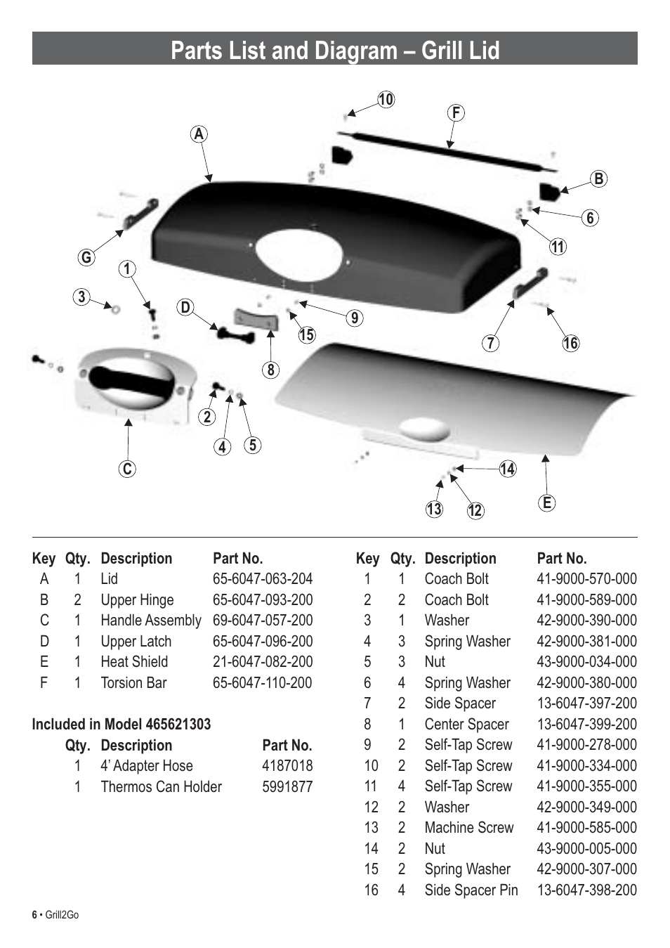 Parts list and diagram – grill lid | Thermos 465621303 User Manual | Page 6 / 28