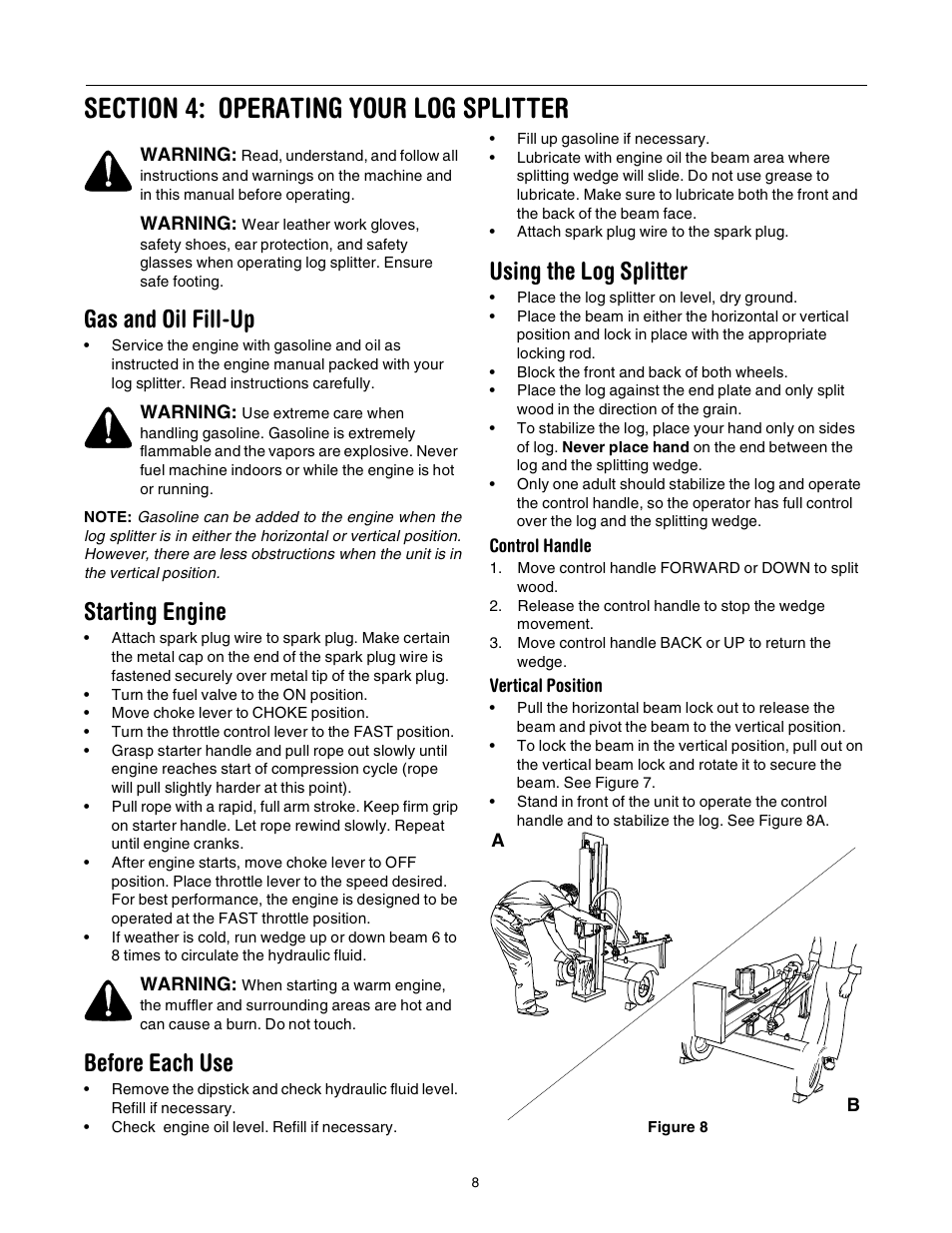 Gas and oil fill-up, Starting engine, Before each use | Using the log splitter | Troy-Bilt LS275 User Manual | Page 8 / 16