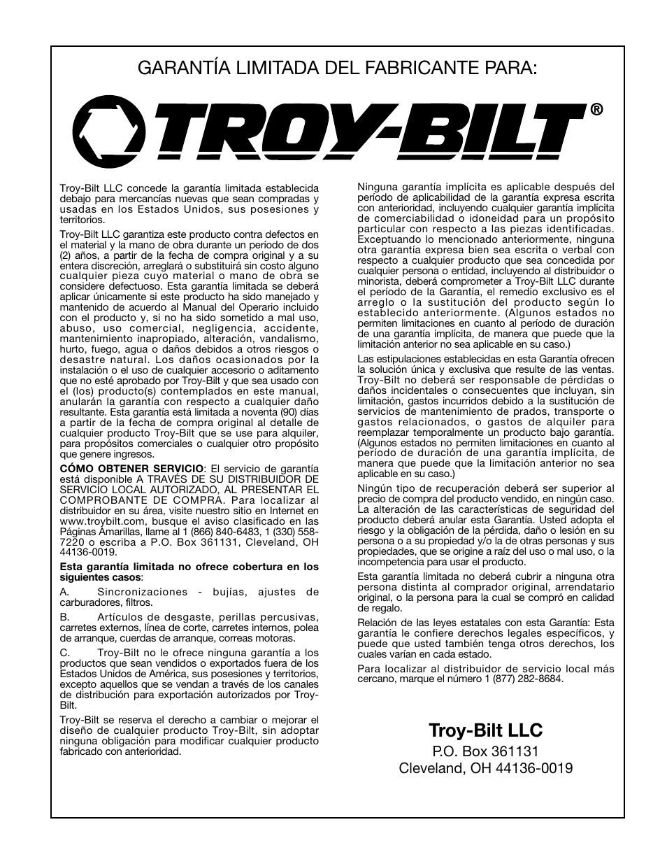 Garantía limitada del fabricante para, Troy-bilt llc | Troy-Bilt TBTB User Manual | Page 36 / 36