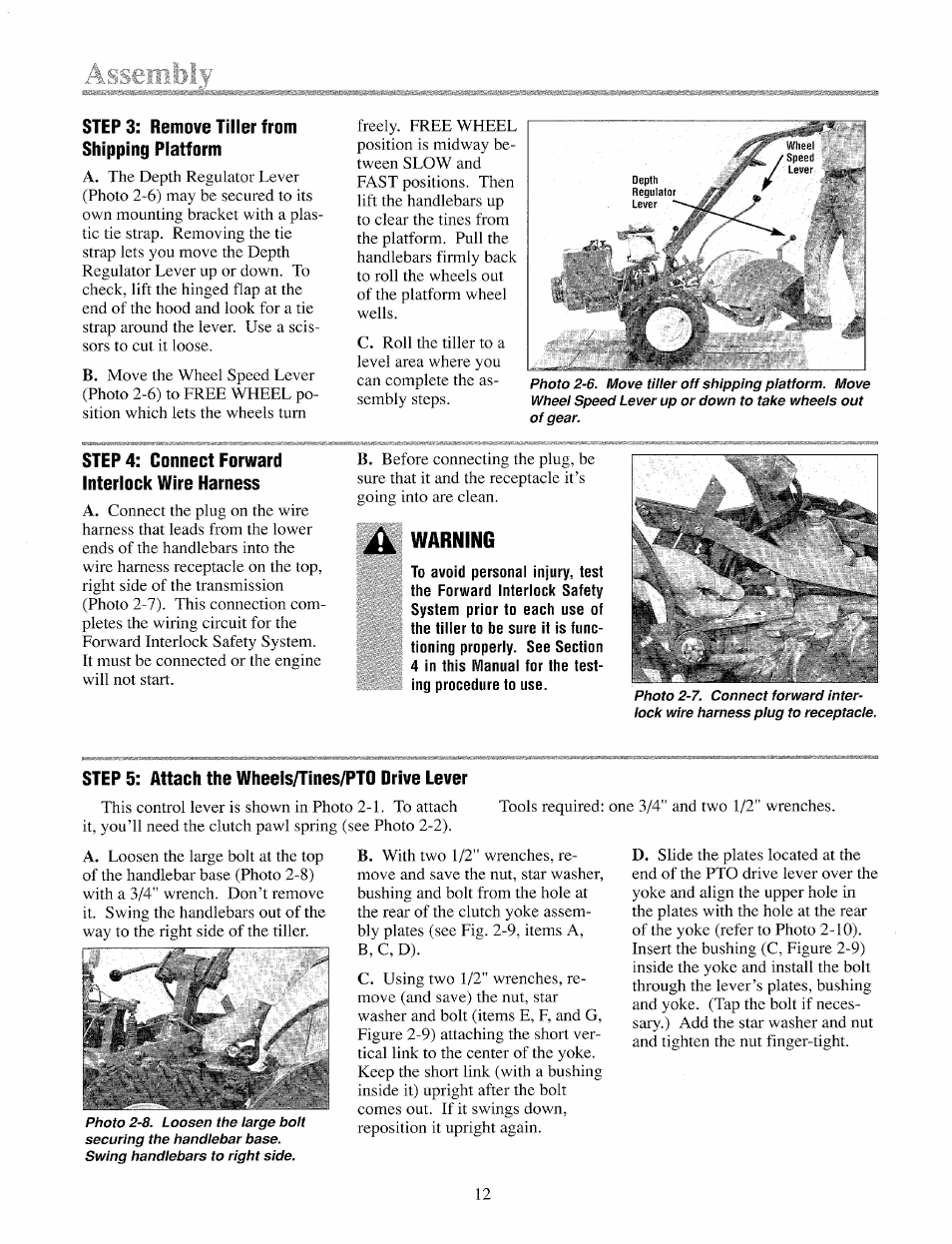 Step 3: remove tiller from shipping platform, Step 4: connect forward interlock wire harness, Warning | Step 5: attach the wheels/tines/pto drive lever | Troy-Bilt 12069-7HP User Manual | Page 12 / 68