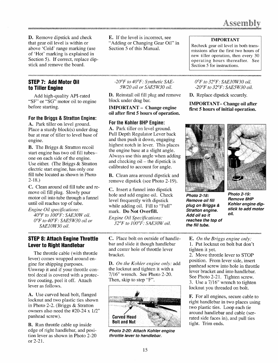 Step 7: add motor oil to tiller engine | Troy-Bilt 12069-7HP User Manual | Page 15 / 68