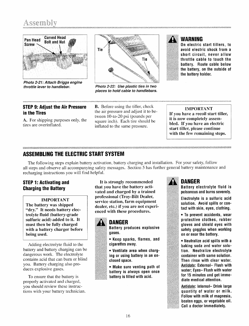 Warning, Step 9: adjust the air pressure in the tires, Assembling the electric start system | Step 1: activating and charging the battery, Danger | Troy-Bilt 12069-7HP User Manual | Page 16 / 68
