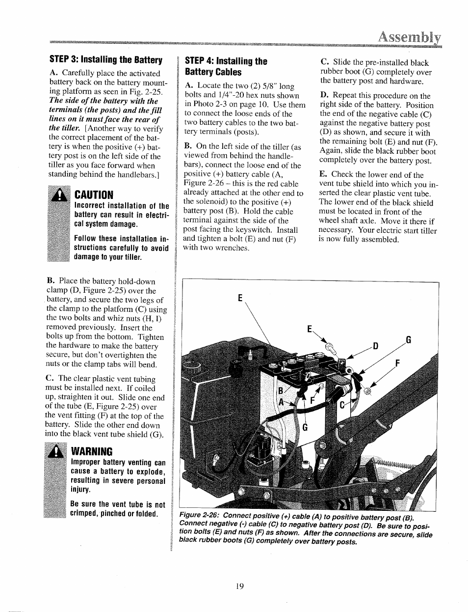 Step 3: installing the battery, Caution, Step 4: installing the battery cables | Warning | Troy-Bilt 12069-7HP User Manual | Page 19 / 68